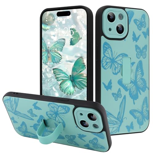 Image of for iPhone 15 Case with Finger Strap Holder, Cute Cool Butterfly Print Pattern Design for Women Men, Shockproof Anti Scratch Hand Kickstand Protective Cover, Green