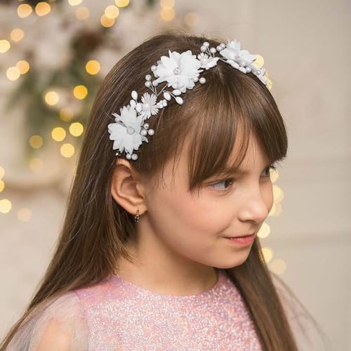 IYOU Commnunion Headpiece for Girls White Flower Wedding Headband Pearl Princess Bridal Hair Accessories