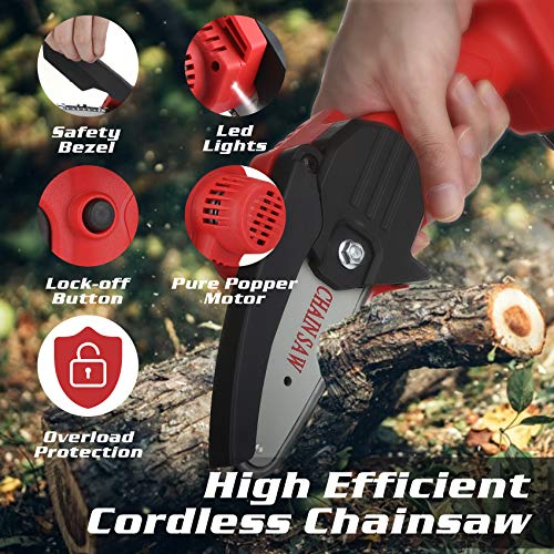 Mini Chainsaw, AUSHEN 4-Inch Cordless Battery Operated Chainsaw Portable Chain Saw, One-Hand Operation Pruning Shears Chainsaw for Tree Branch Trimming Wood Cutting Gardening (2 Batteries and 2 Chain)