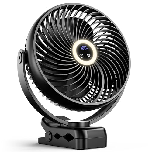 Image of xasla 10000mAh Portable Clip On Fan With Light, 8 Inch Rechargeable Battery Operated Fan, 24H Long-last, Quiet Personal Camping Fan Digital Display, 3 Speed, 360 Rotate, for Gym Outdoor Travel