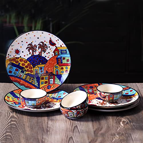 Image of Handpainted Ceramic Printed Hut Handpainted Plates with Katoris (8 Pieces, Serving for 4, Dishwasher&Microwave Safe) -Multi-Color
