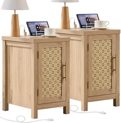 YUFAM Rattan Nightstand Set of 2 with Charging Station, Wood Narr...