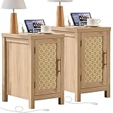 YUFAM Night Stand Set of 2 with Charger Station, Narrow Bedside Table with Woven Cane Door and Shelf, Boho Rattan Nightstand Storage Organizer Cabinet, Wood Side End Tables for Living Room Bedroom