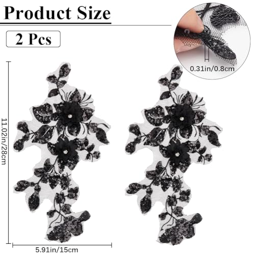 GORGECRAFT 2Pcs 3D Flowers Embroidered Lace Applique Sew on Trim Patches Glitter Sequins Beaded Floral Collar Fabric Craft Decoration Patch for Sewing Wedding Clothes Dress Pants Jeans Bag Black - Image 2
