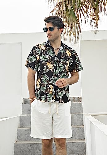 Hisdern Mens Button Down Hawaiian Shirts Black Summer Casual Tropical Floral Aloha Shirt Short Sleeve Vacation Palm Leaf Hawaii Beach Dress Shirt #TOP3