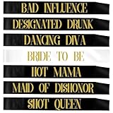 Bachelorette Sash Set (7 pcs) - Bride to Be Sash Bachelorette Party Decorations - Bride and Bridesmaid Sashes for Bachelorette Party Decorations (Black, Gold Letters). Ideal Bridal Shower Supplies
