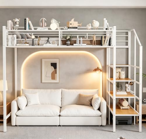 Image of Bellemave Twin loft Bed with Storage Stairs and Upper Grid Storage Shelf, Metal Twin Loft Bed Frame for Adults, Kids, Teens, White