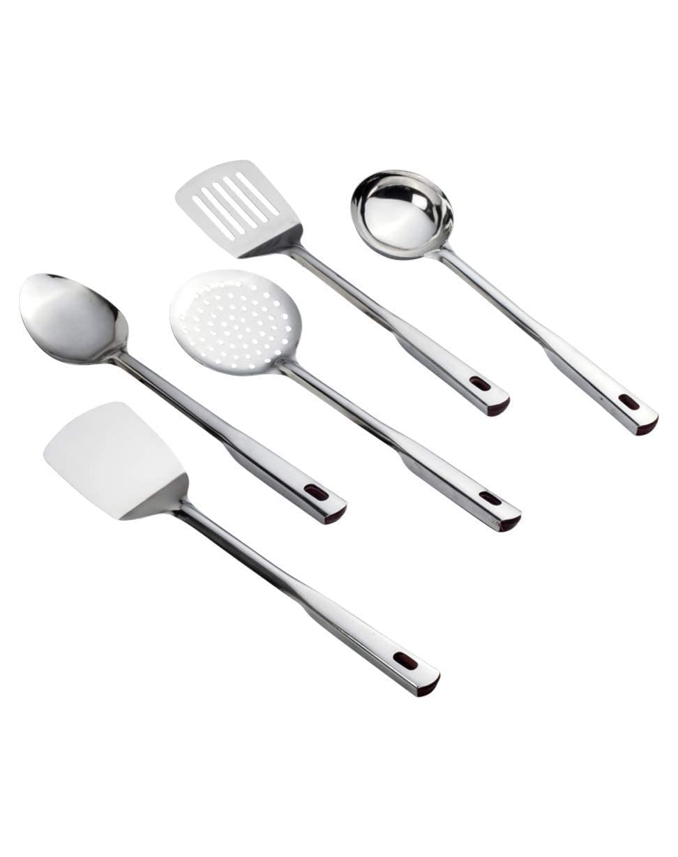 Zero To Infinity Store Stainless Steel Pipe Handle Kitchen Tool Set for Cooking, Set of 5, 35 cm Length, Silver (Contains: 1 Ladle,1 Skimmer,1 Turner,1 Spatula,1 Slotted Turner) Sale Offer