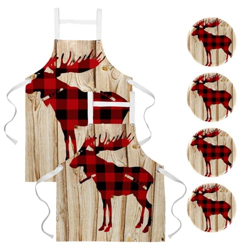 Lot de 2 tabliers de cuisine avec 4 broches motif élan pour le bistrot