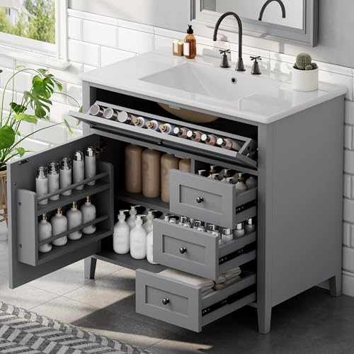 Image of 36 inch Bathroom Vanities with Top Set, Cabinet with Right-Side Multi-Functional Tip-Out Drawer and Adjustable Shelf, Soft-Closing Door, Solid Wood Legs, Gray