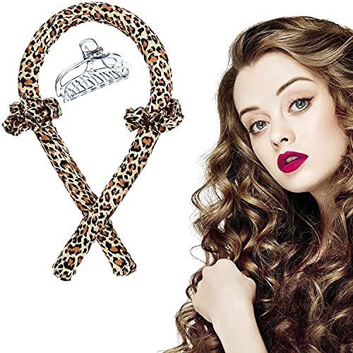 Heatless Curlers Hair Rollers Silk Hair Wrap Rod Headband For Long Hair To Sleep In Overnight Soft Foam Hair Rollers, Curling Ribbon and Flexi Rods for Natural Hair Leopard