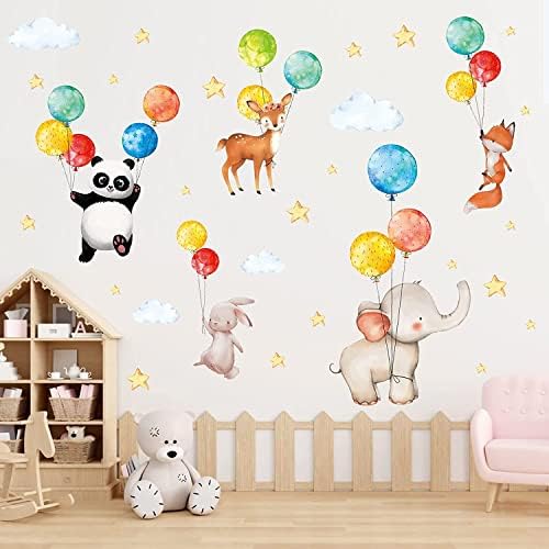 TOARTi Flying Animal with Balloon Wall Stickers for Nursery,Funny Baby Panda Elephant Fox Rabbit Deer in The Sky Wall Decal for Kids Baby Boys Girls Bedroom Decor,Yellow Stars Cloud Wall Art(47 pcs)