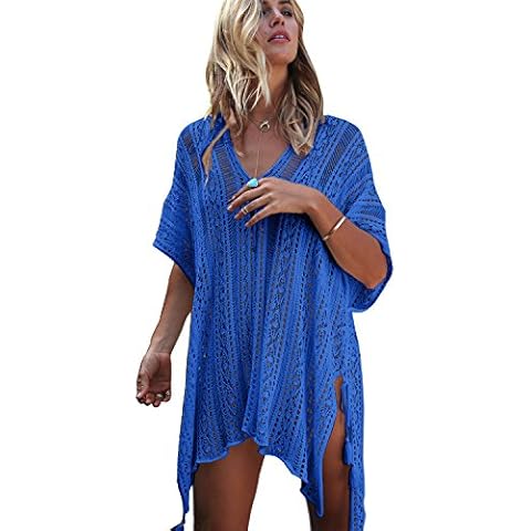 shermie Women Hollow Out Beach Swimsuit Coverups Oversized Short Sleeve V Neck Loose Knit Bikini Cover up Blue Cover