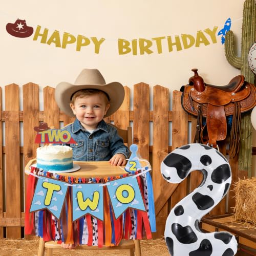 Image of Cartoon Toy Highchair Banner for 2nd Birthday Party Decorations | Western Cowboy 2nd Rodeo Birthday High Chair Fabric Banner for Boys Two Infinity and Beyond Birthday Backdrop Decorations