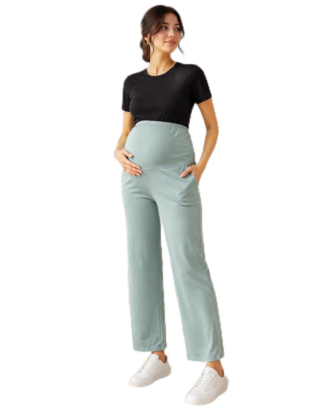 Women's Maternity Track Pants | Soft Cotton Pregnancy Pants with Over Belly Support | Stretchable Full Length Maternity Bottom Wear | Mint Green-image-48