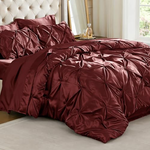 Image of BEDELITE Satin Comforter Set Queen Size, 7 Pieces Pintuck Bed in A Bag with Comforter, Flat Sheet, Fitted Sheet, Pillowcases, Shams, Soft Cozy Similar to Silk Bed Set for All Seasons (Burgundy)