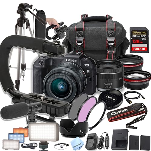 Canon EOS RP Camera Bundle with 24-50mm + 128GB Extreme Speed Card, U-Grip, Microphone, LED Video Light, Spare Battery, Filter Kit, More (Extreme Pro-Bundle) (Renewed), Black