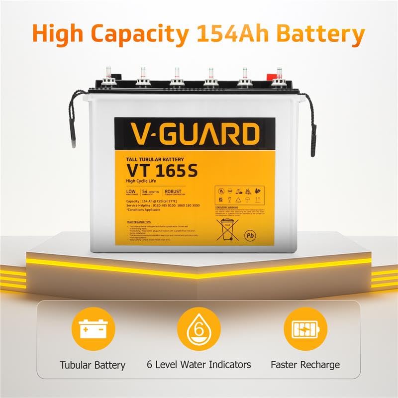 Image of V-Guard Inverter & Battery Combo (Prime 1150 Mili Pure Sine Wave 1000VA /12V Inverter, VT 165S 154 Ah Tall Tubular Battery) for Home, Office & Shops