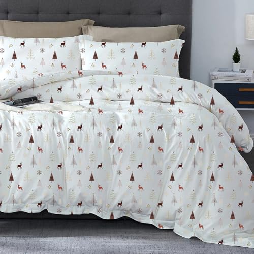 SLEEP-NEST Christmas Duvet Cover Set Oversized King 120x120 Inch 3 Piece 100% Egyptian Cotton Xmas Tree & Reindeer Pattern with Zipper Closure Decorative Extra Large Xmas Theme - Super King Plus