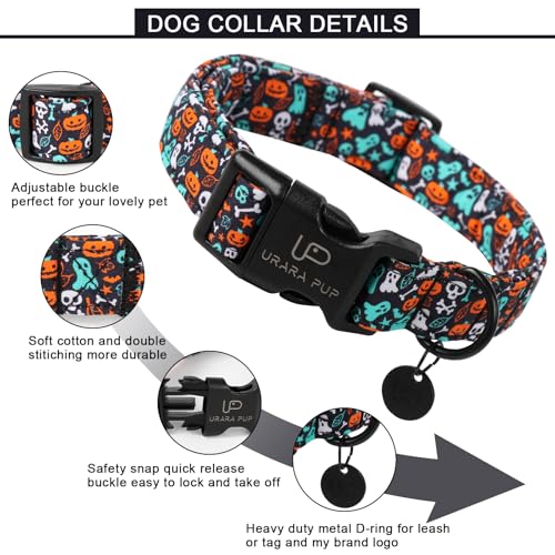 Image of Halloween Dog Collar, UP URARA PUP Cotton Skull Ghost Dog Collar for Small Dog, Fall Pet Collar with Halloween Elements Pattern, Adjustable Puppy Collar,L,Neck 16-24in