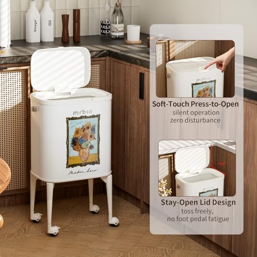 Image of MRBIN 23L Art Decor Trash Can with Wheels, Press-to-Open Lid, Tall Standing Garbage Bin with Lockable Casters, Metal Waste Basket for Kitchen, Living Room, Bedroom, Cream White