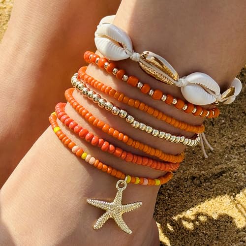 Image of Shell Anklets Bracelet for Women Waterproof Surfer Starfish Bracelet Puka Shell Anklet Colorful Boho Stack Stretch Bead Bracelet Set Hawaii Summer Beach Vacation Foot Jewelry