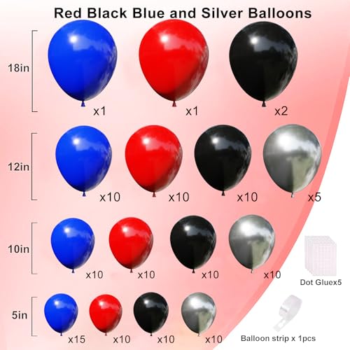 Image of Red Blue and Silver Balloon Arch Garland Kit, Black Red Blue Confetti Silver Balloons for Man Boys Kids Baby Shower Birthday Graduation Party Decorations