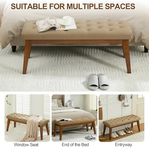 Image of 43.5'' Faux Leather Bedroom Bench, Upholstered End of Bed Bench with Tufted Button, Padded Vintage Dining Bench, Entryway Bench with Solid Wood Legs, Kitchen, Living Room, Hallway, Light Brown Tufted