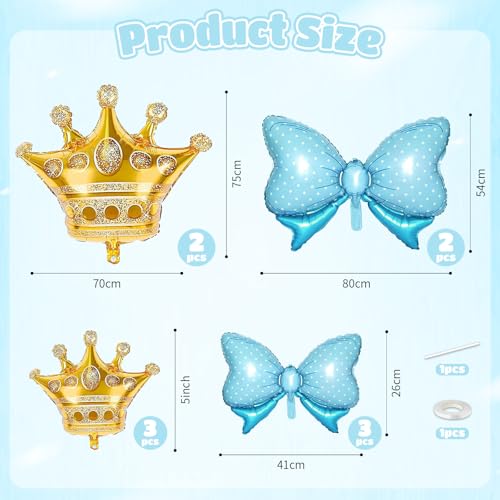 Image of 10pcs Gold Crown Balloons And Blue Bow Balloon, Light Blue Bows Balloons, Large Gold Crown Foil Balloon With Two Sizes For Birthday Baby Shower Theme Party Wedding Bridal Shower Decor