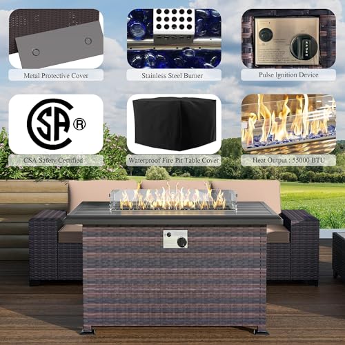 Image of 7 PCS Outdoor Patio Furniture Set,Outdoor Sectional Furniture with 43 inch 55000 BTU Gas Propane Fire Pit Table,All Weather PE Rattan Wicker Patio Conversation Set,Sand