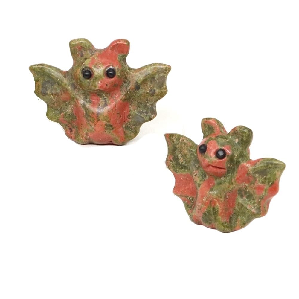 HUFFA 2pcs 1.6'' Hand Carved Rose Quartz Bat Statue - Natural Crystal Animal Figurine for Home Decoration and Meditation(Unakite)