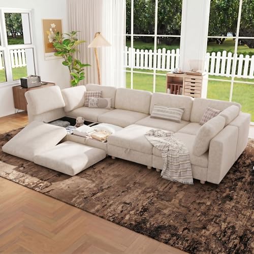 Image of 128 inch Modular Sectional Sleeper Sofa, 8 Seaters Chenille Modular Sectional Sofas, Sleeper Sofa Bed with Storage & Ottoman, Sleeper Couch with Removable Covers, Beige Sectional Couches for Living Room