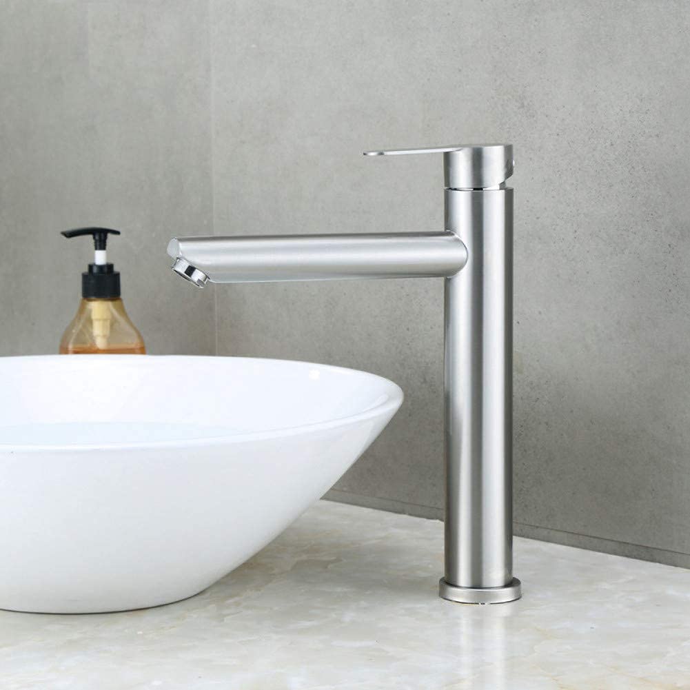 Robinet monotrou en acier inoxydable 304 brossé rehaussé à bec long pour lavabo de salle de bain