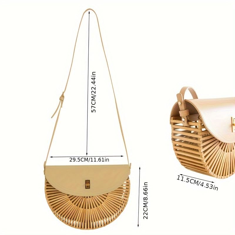 Image of Handwoven Bamboo Bag Summer Straw Purse Crossbody Bags for Women Natural Handmade Beach Bamboo Purse with Leather Strap