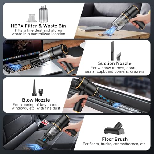 Image of KMM Handheld Car Vacuum Cleaner, 9000PA Vacuum Cleaner & Air Duster, 120W High Power Vacuum Portable Cordless, Hand Held Vacuum Rechargeable with Multi-Nozzles & LED Light for Home, Car, Office