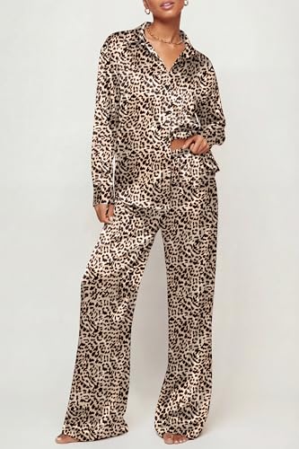 Image of Ekouaer Womens Satin Silky Pajama Set 2 Piece Print PJs Soft Loungewear Button Down Sleepwear with Elastic Waist Long Pants