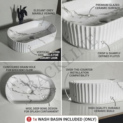 Image of B Backline Ceramic Table Top Wash Basin /Counter Top Basin Sink /Wash Basin Art Basins For Bathroom 20 X 15 X 4.5 Inches (White)