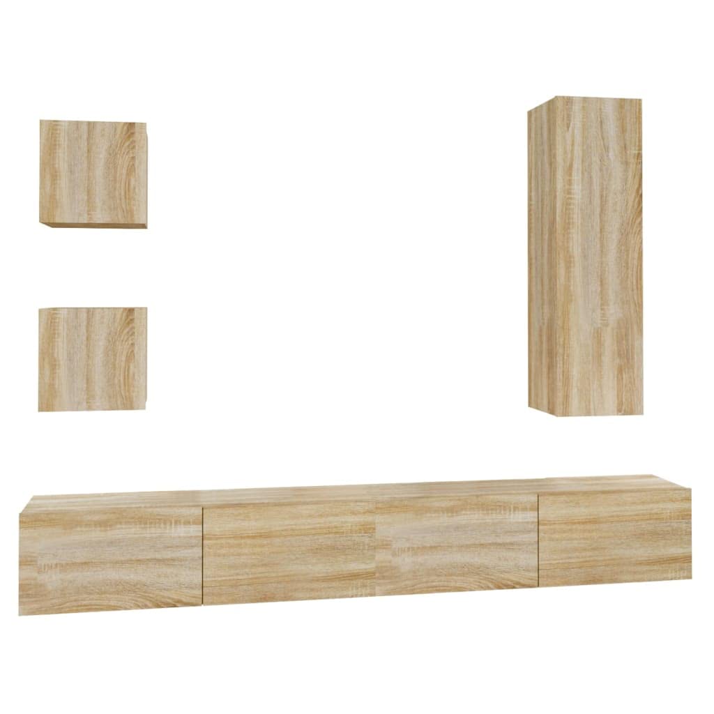 5-TLG. TV-Schrank-Set Sonoma-Eiche Holzwerkstoff, Hängend, Modernes Media-Center für Wohnzimmer, Robustes Wandregal mit Stauraum, Universal TV Stand