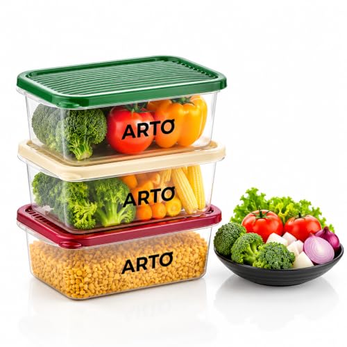 Image of Arto Food Storage Containers Set of 3, 1100ml Airtight & Leak Proof Transparent Fridge Organizer with Coloured Lids - Stackable, Food Grade Plastic for Kitchen, Pantry, Cereals & Vegetables