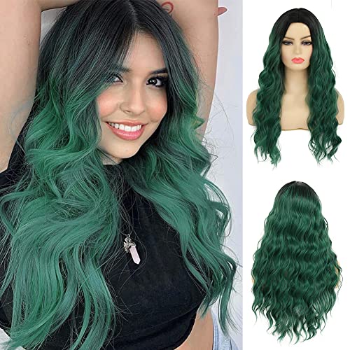 Image of Swiking Green Ombre Long Curly Women Wigs Midele Part Synthetic Natural Wave Hair Black and Green Halloween Cosplay Costume Wigs