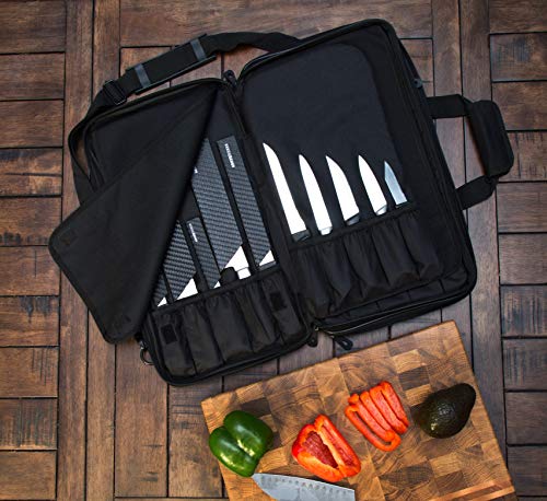 Asaya Chef Knife Bag - 28 Pockets For Knives And Kitchen Utensils - Durable Ballistic Nylon, Black Stainless Steel Hardware, Card Holder And Adjustable Shoulder Strap - Knifes Not Included (Black) #TOP3