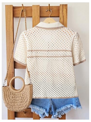 GORGLITTER Women's Crochet Short Sleeve Knit Top Striped Short Sleeve Knitted Button Down Shirts2