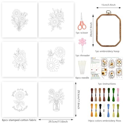 Image of INFUNLY 6 Sets Octagon Sunflowers Embroidery Kit for Beginners Bee Stamped Embroidery Starter Kit 11.8x11.8 Vintage Hand Stitching Needlework Set with Step-by-Step Instruction for Adults Home Decor