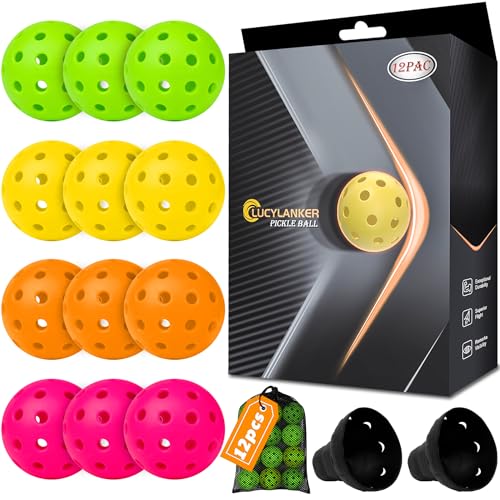 LUCYLANKER Outdoor Pickleball Balls 40 Holes Pickleballs for Sport Outdoor Play High Bounce & Durable Pickleball Balls Outside for All Style Pickleball Paddle & Court (Polychrome 12 Pack)