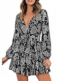 Dokotoo Womens Ladies Casual Summer Spring Ruffle Elegant Floral Long Sleeve Tie Knot V Neck Cute Chiffon Tunic Swing A Line Flowy Mini Short Skater Dresses for Women 2024 Black US 12 14
