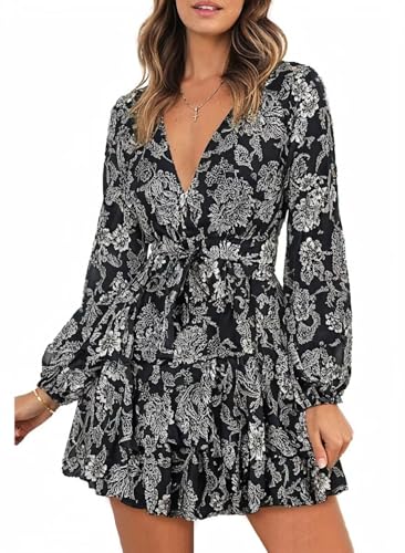 Dokotoo Womens Junior Casual Summer Spring Ruffle Elegant Floral Long Sleeve Tie Knot V Neck Cute Chiffon Boho Beach Tunic Swing A Line Flowy Mini Short Skater Dresses for Women 2024 Black Small
