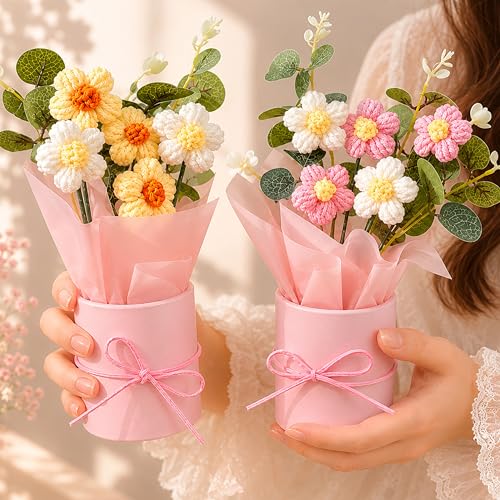 Image of Handmade Crochet Flower Bouquets (Set of 2) - Knitted Floral Decor Combo | Aesthetic Desk Flowers, Forever Flower Gift Set, Minimal Home Decor