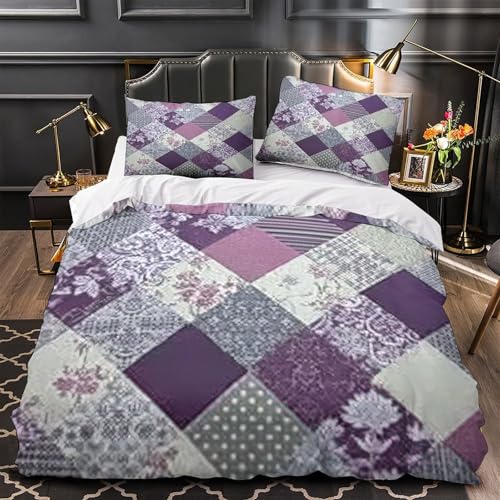 RJAVAGFZL Patchworkdecke 3D-Bedruckt 3er-Set Bettdeckenbezug Vintage-Lilatöne Steppbezug Mikrofaser Reißverschluss Hypoallergen für Kleinkinder Mädchen Männer Single（140x200cm）