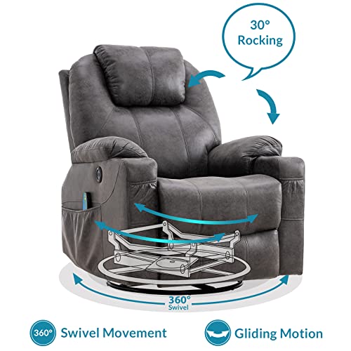 Ouinch Manual Swivel Glider Rocker Recliner Chair With Massage And Heat, 2 Usb Ports, 2 Cup Holders, 2 Side Pockets And 2 Front Pockets, Bronze Suede Fabric (Grey) #TOP4