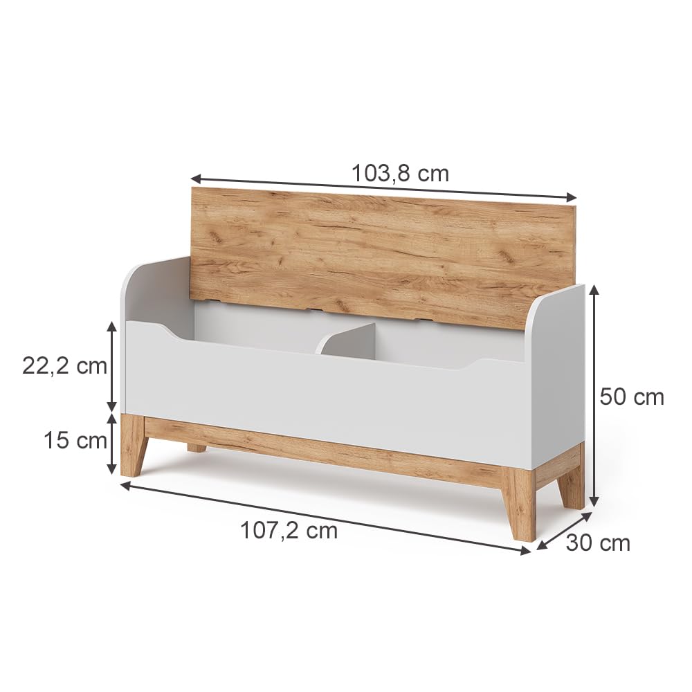 VitaliSpa Cassapanca per giocattoli Malia, Bianco/Artisan, 107.2 x 50 cm con sedile, con spazio contenitivo e combinabile con altri mobili Malia